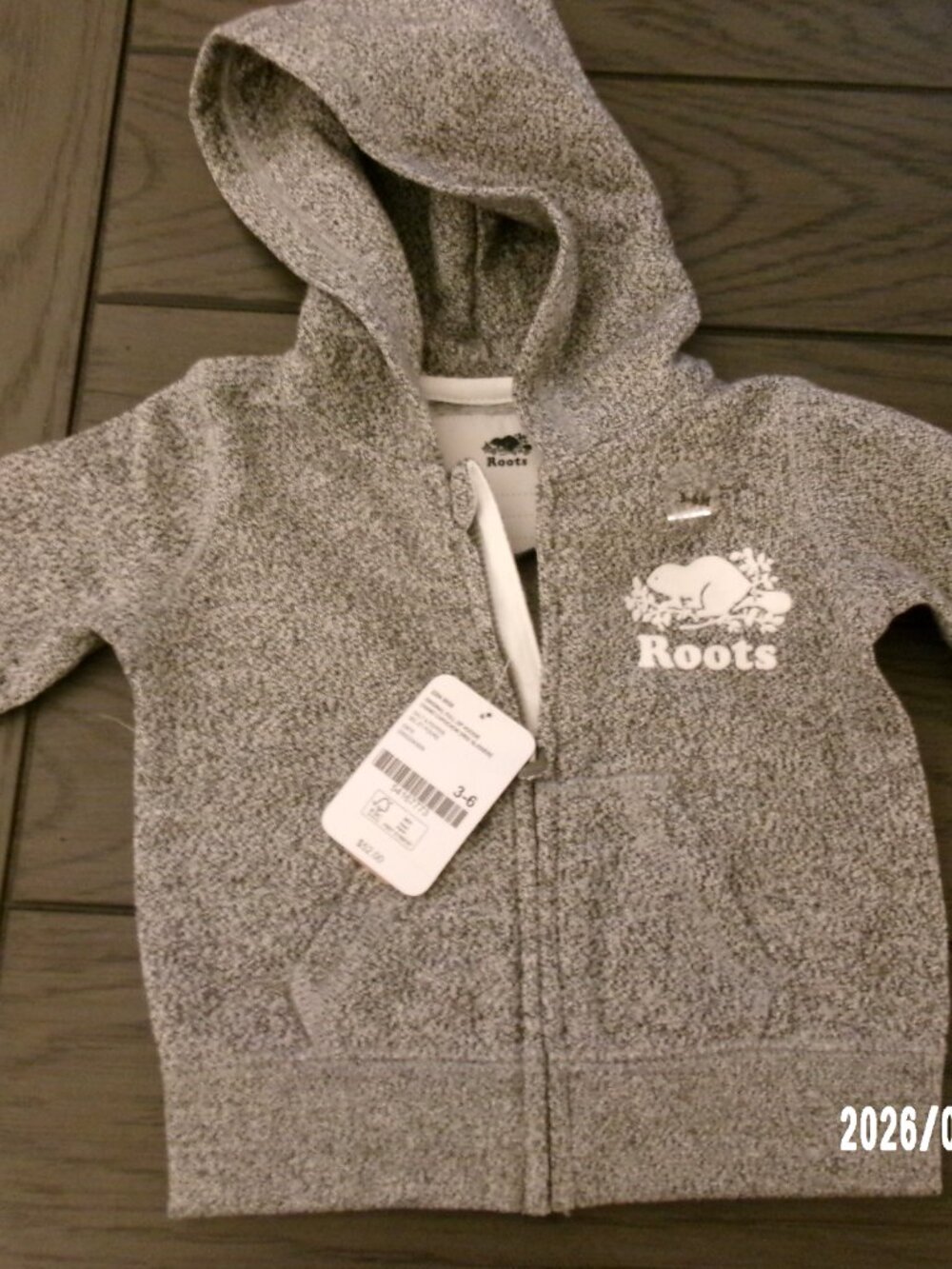 ROOTS HEATHER GRAY LOGO ZIP UP HOODED UNISEX SWEATSHIRT SIZE 3-6 MONTHS NEW $52